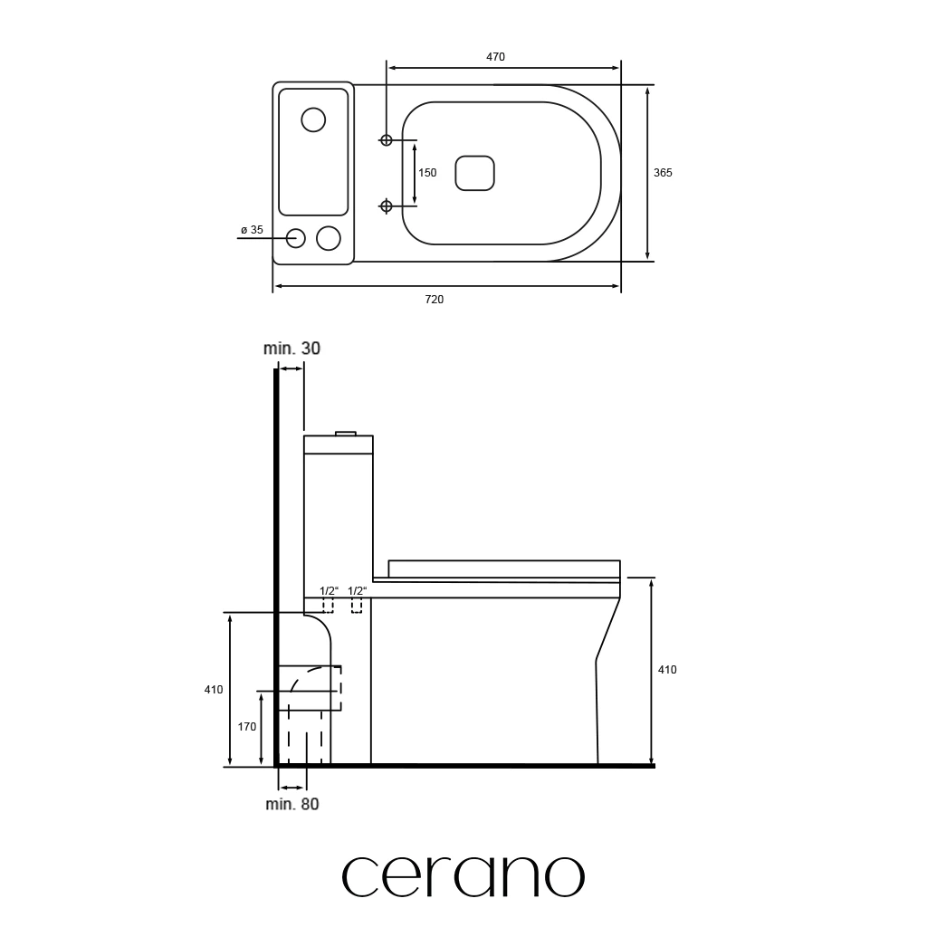 CERANO - WC kombi s umývátkem Hygisink, Rimless + UF sedátko - spodní/zadní odpad - bílá lesklá - 71,5x36 cm
