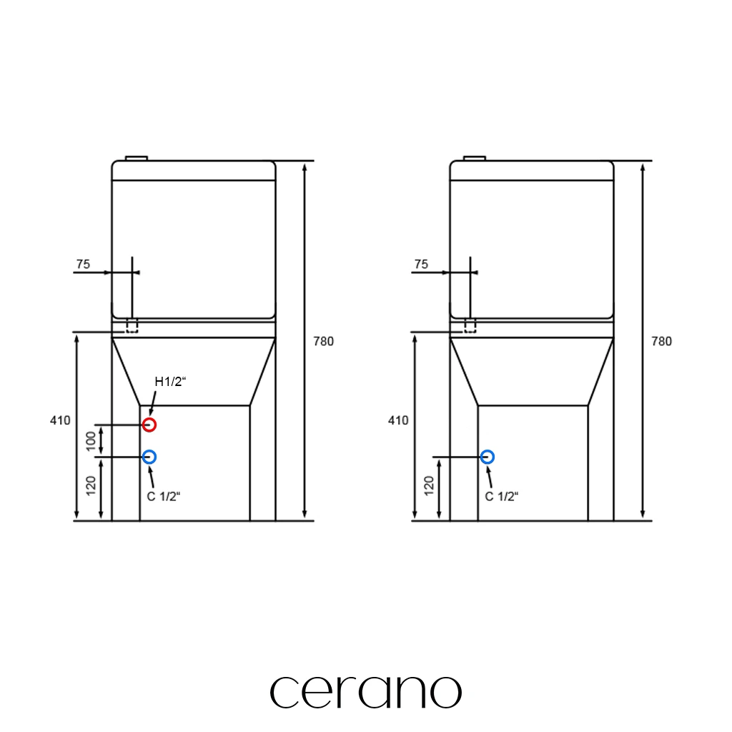 CERANO - WC kombi s umývátkem Hygisink, Rimless + UF sedátko - spodní/zadní odpad - bílá lesklá - 71,5x36 cm