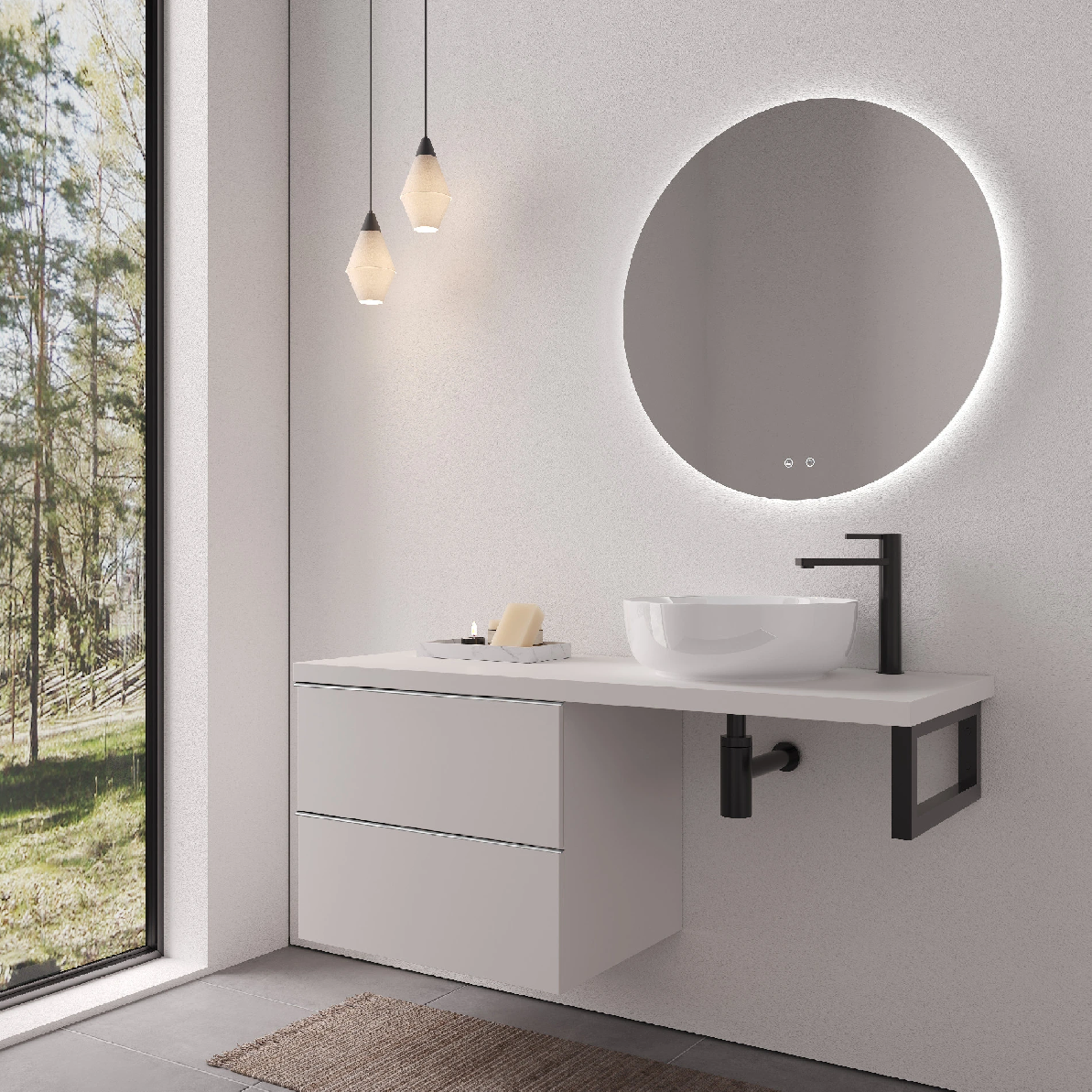 CERANO - Deska pod umyvadlo Navira Pro - 161x46,5x3,6 cm - skříňka Velora 79 cm - bílá matná, chromová úchytka - konzole černá