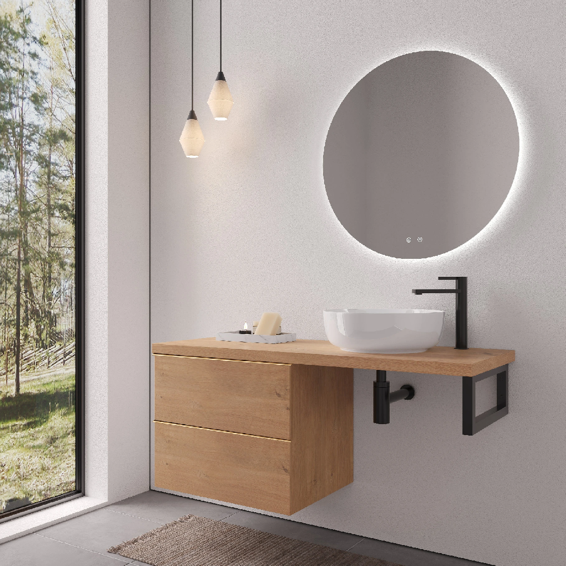 CERANO - Deska pod umyvadlo Navira Pro - 161x46,5x3,6 cm - skříňka Velora 79 cm - dub medový, zlatá úchytka - konzole černá