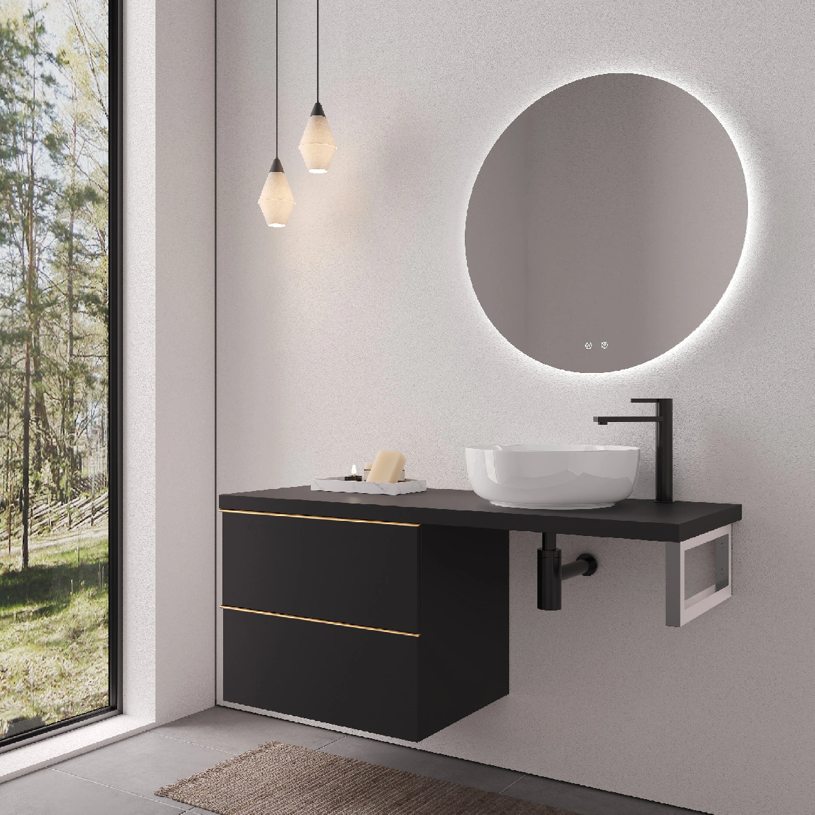CERANO - Deska pod umyvadlo Navira Pro - 121x46,5x3,6 cm - skříňka Velora 59 cm - černá matná, zlatá úchytka - konzole chrom
