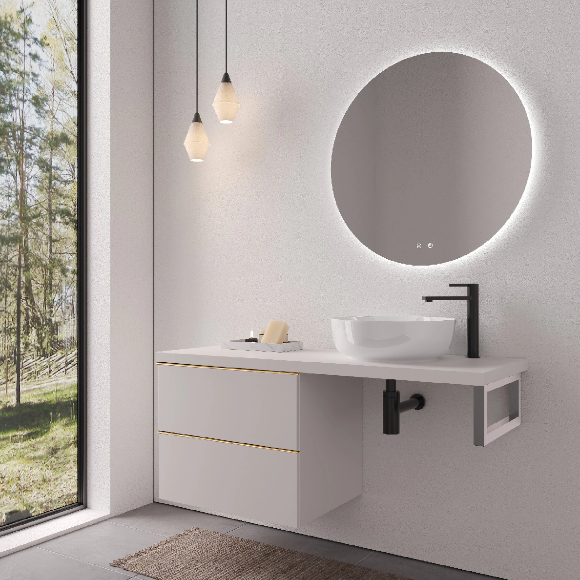 CERANO - Deska pod umyvadlo Navira Pro - 161x46,5x3,6 cm - skříňka Velora 79 cm - bílá matná, zlatá úchytka - konzole chrom