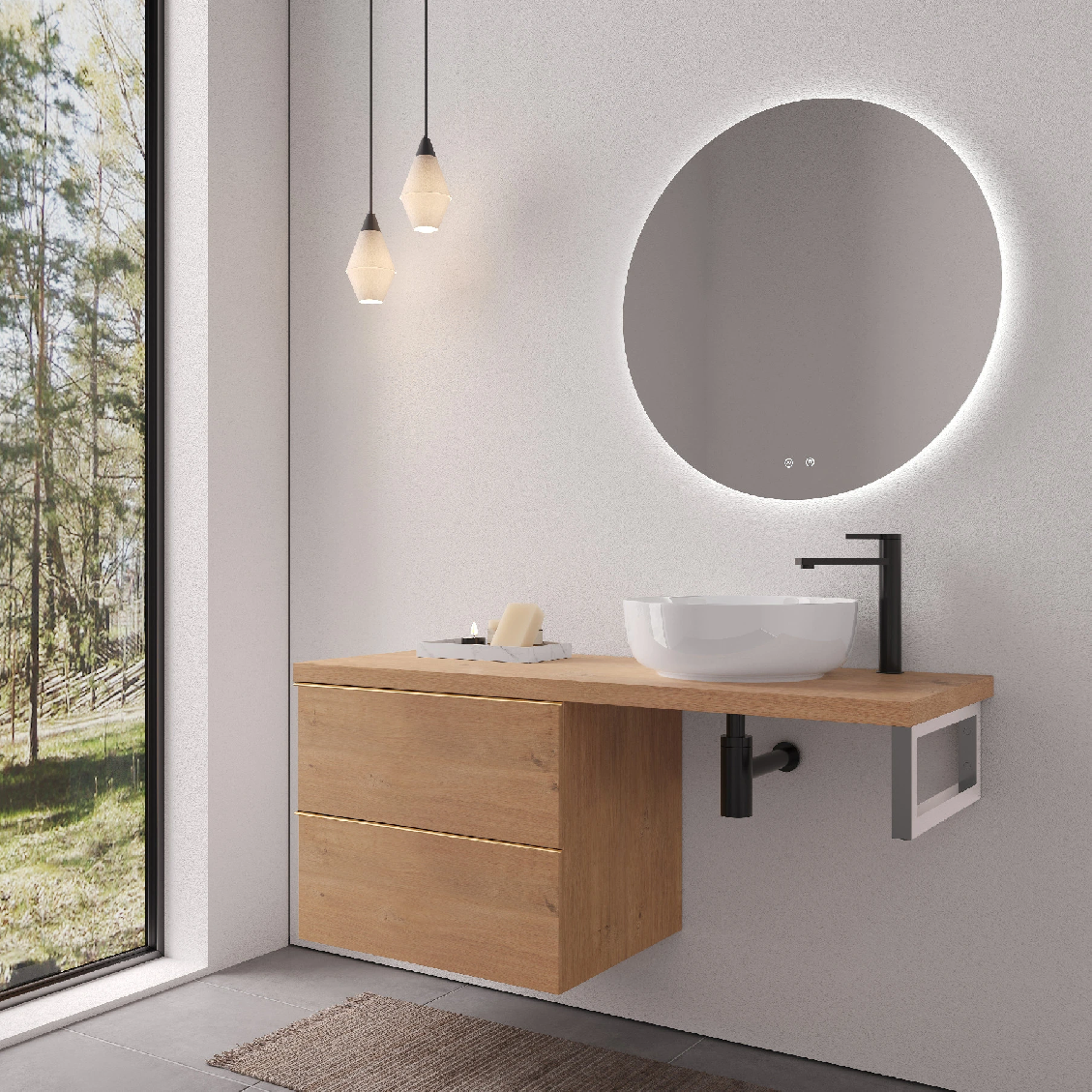 CERANO - Deska pod umyvadlo Navira Pro - 161x46,5x3,6 cm - skříňka Velora 79 cm - dub medový, zlatá úchytka - konzole chrom