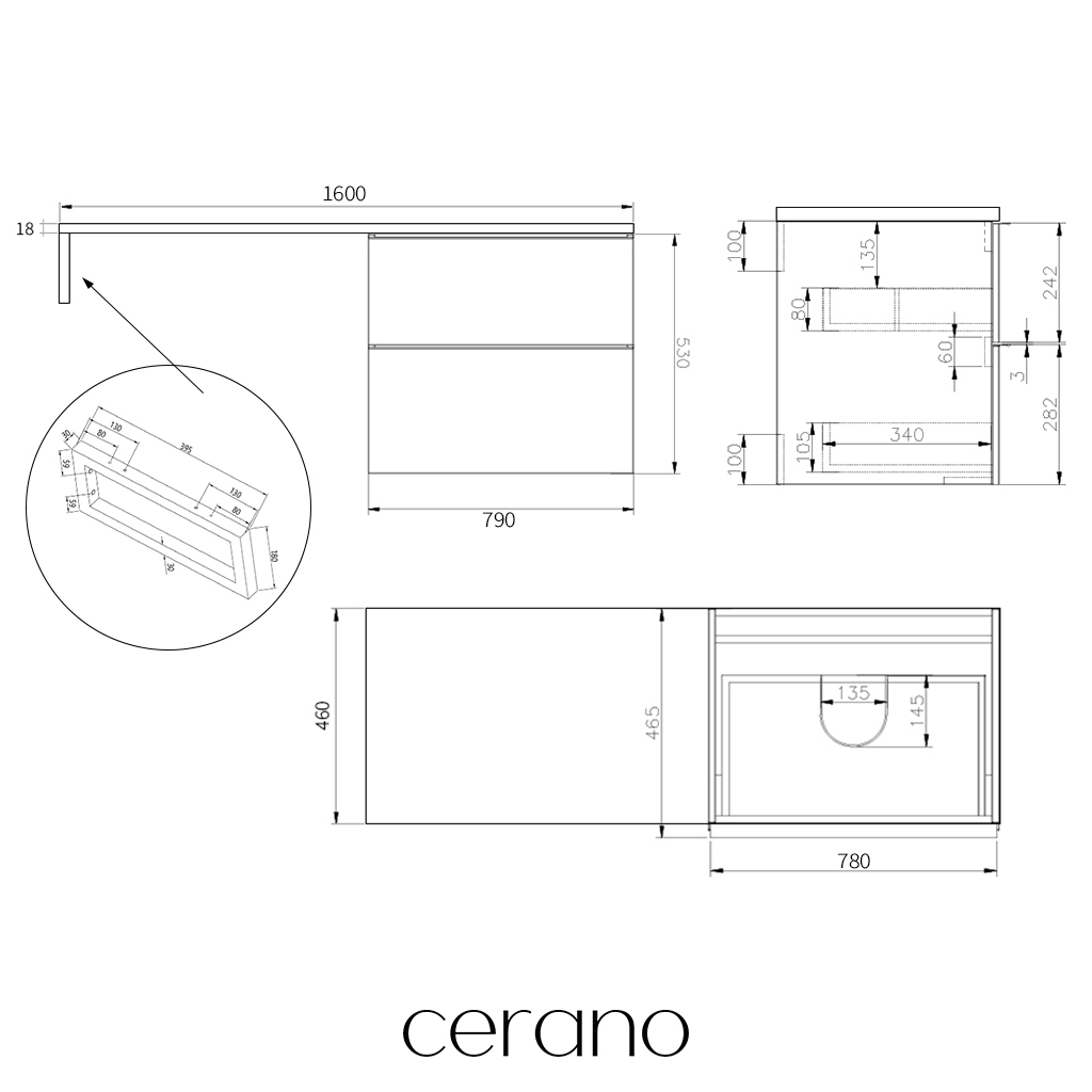 CERANO - Deska pod umyvadlo Navira Slim - 161x46,5x1,8 cm - skříňka Velora 79 cm - bílá matná, chromová úchytka - konzole černá
