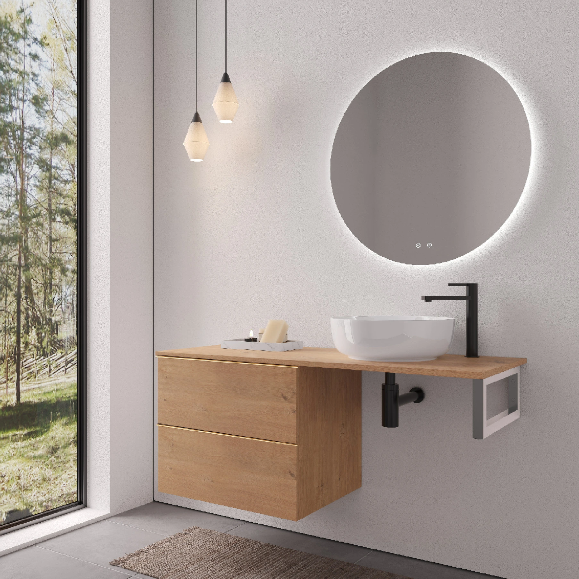 CERANO - Deska pod umyvadlo Navira Slim - 161x46,5x1,8 cm - skříňka Velora 79 cm - dub medový, zlatá úchytka - konzole chrom