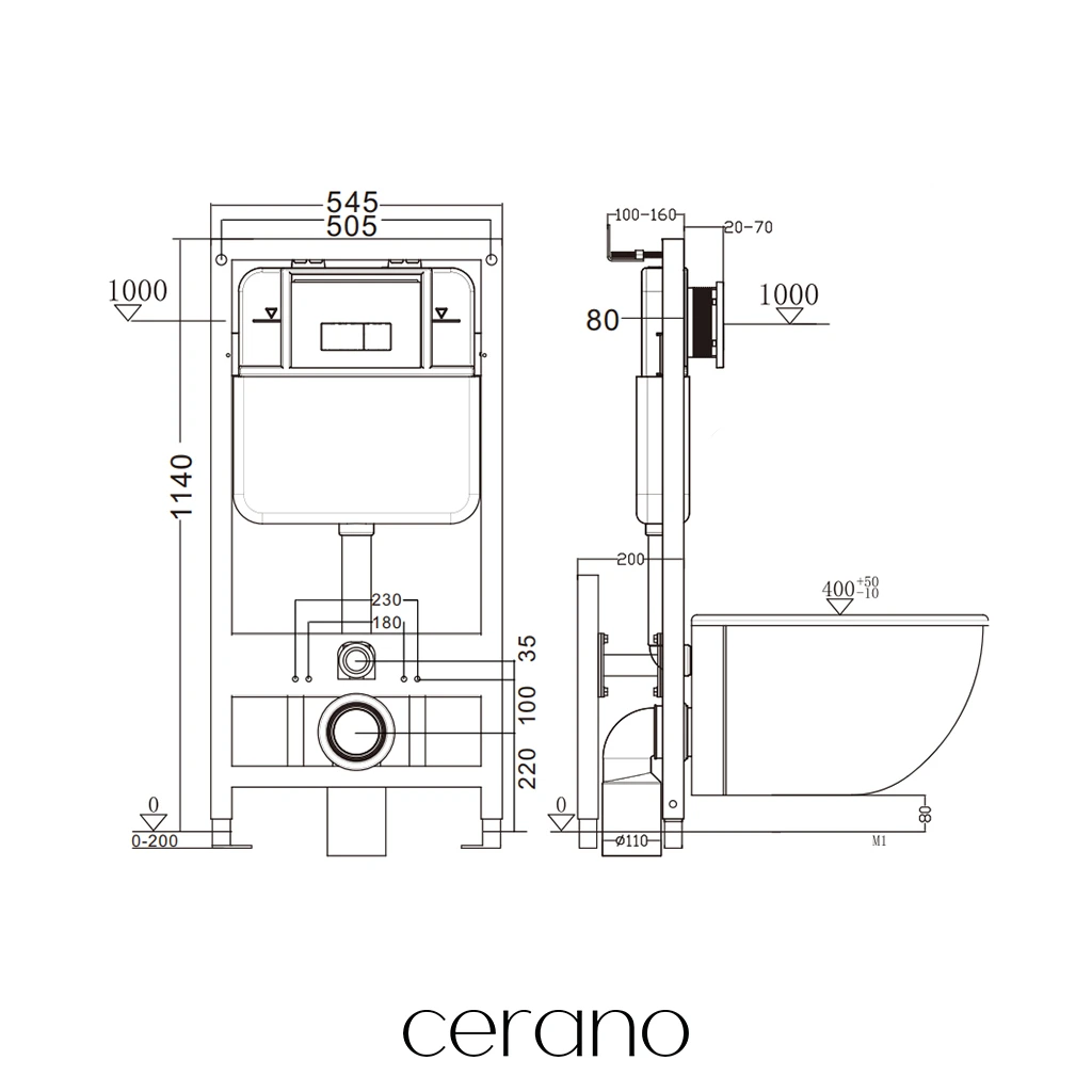 CERANO - Modul pro WC závěsné Prime - volně stojící - předstěnová instalace/sádrokarton - 54,5x114 cm