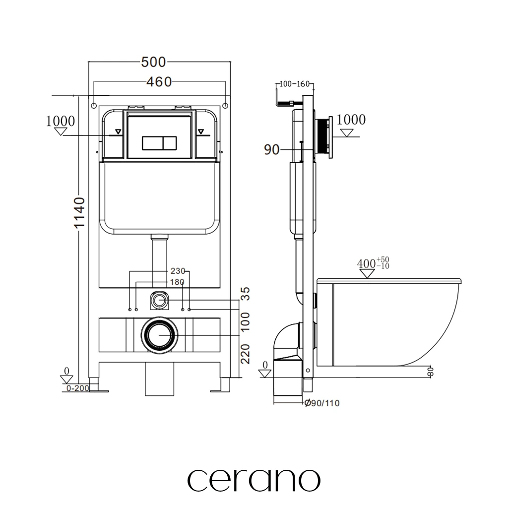 CERANO - Modul pro WC závěsné Prime - předstěnová instalace/sádrokarton - 50x114 cm