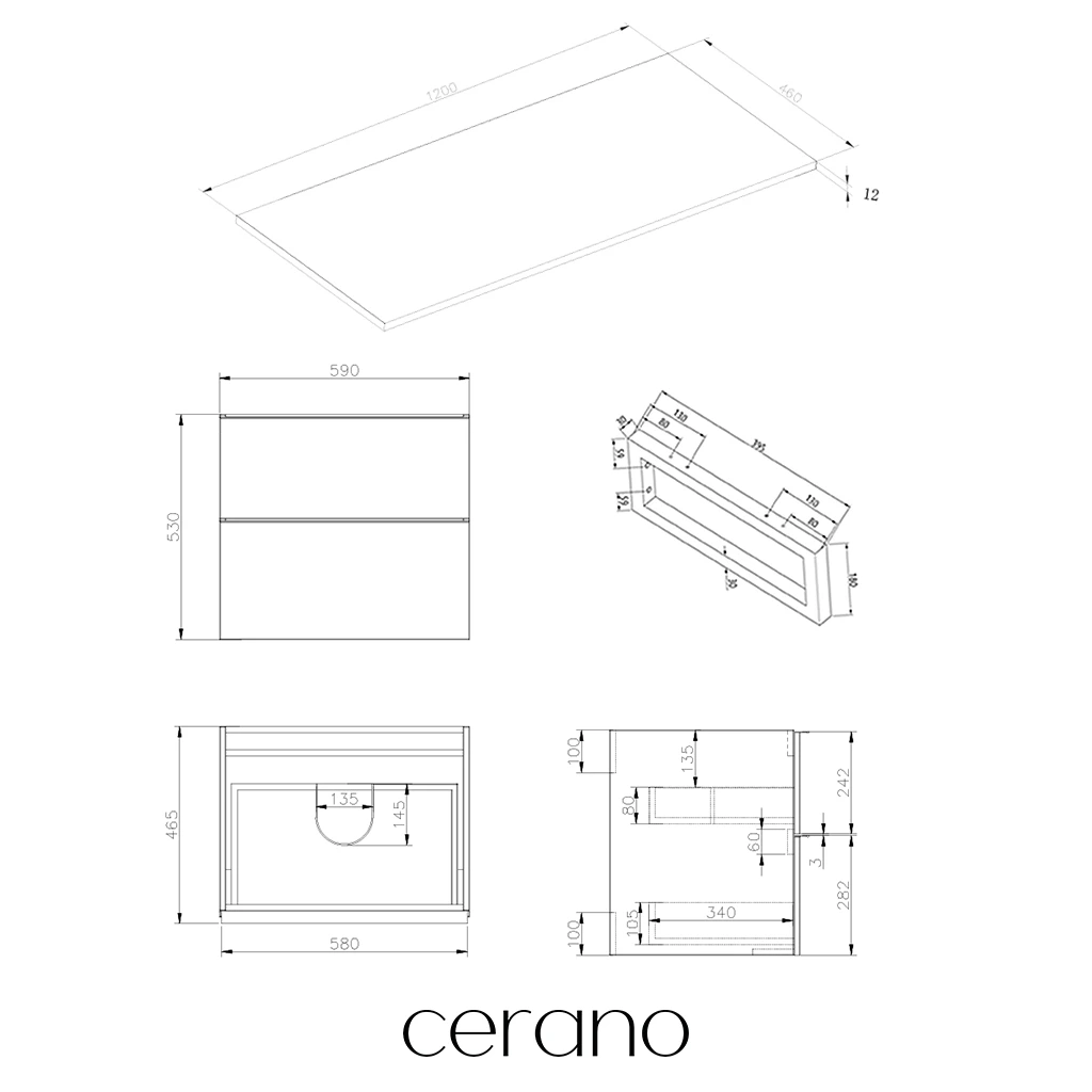 CERANO - Deska pod umyvadlo z litého mramoru Elanys - 120x46,5x1,2 cm - skříňka Velora 59 cm - černá matná, zlatá úchytka - konzole černá