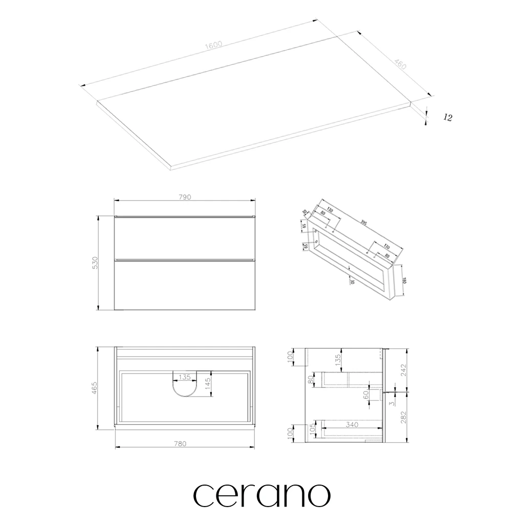 CERANO - Deska pod umyvadlo z litého mramoru Elanys - 160x46,5x1,2 cm - skříňka Velora 79 cm - bílá matná, zlatá úchytka - konzole chrom