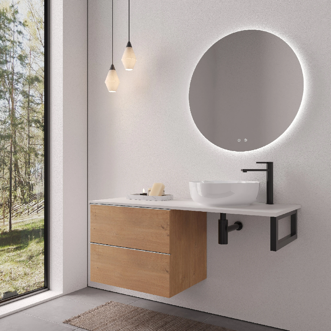 CERANO - Deska pod umyvadlo z litého mramoru Elanys - 160x46,5x1,2 cm - skříňka Velora 79 cm - dub medový, chromová úchytka - konzole černá