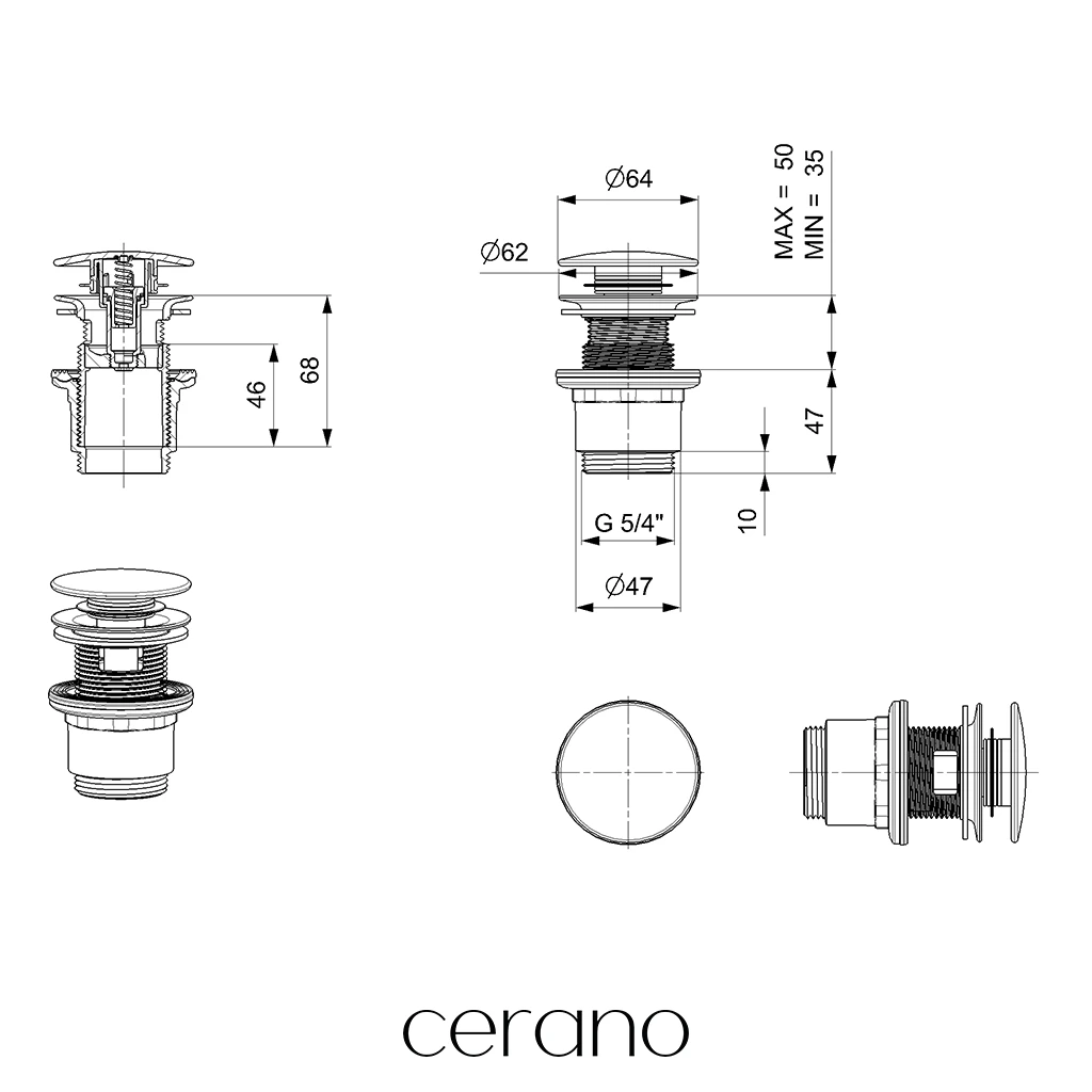 CERANO - Sifon umyvadlový/nábytkový, místošetřící - DN32/250-700 mm - s výpustí click-clack s přepadem - plast - 35/50mm - bílá matná
