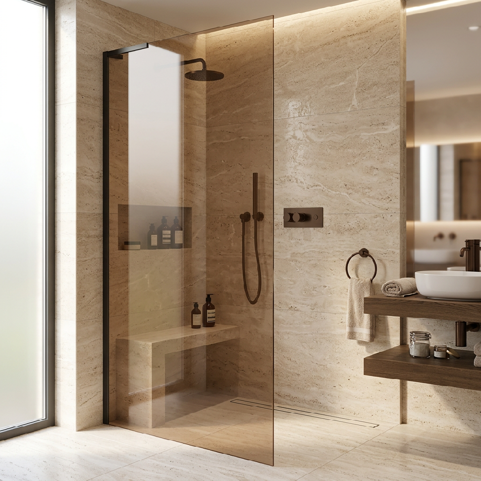 CERANO - Sprchová zástěna Walk-in Onyx L-levá vzpěra - 8 mm - černá matná, bronzové sklo - 60x200 cm