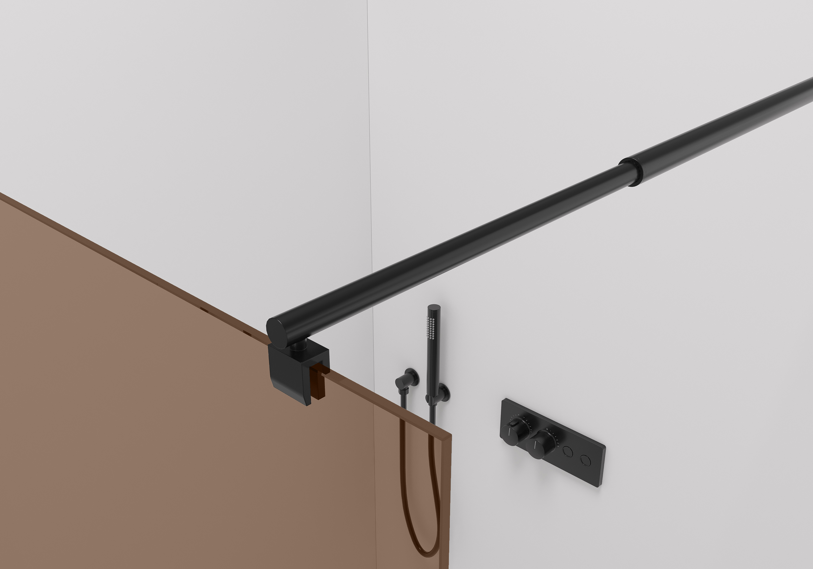 CERANO - Sprchová zástěna Walk-in Onyx Round L/P - 8 mm + polička/držák na ručníky - kulatá vzpěra - černá matná, bronzové sklo - 90x200 cm