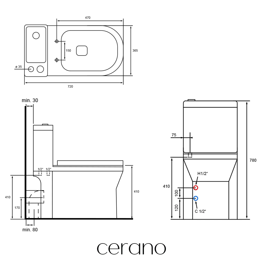 CERANO - WC set kombi s umývátkem Hygisink, Rimless + UF sedátko - spodní/zadní odpad - bílá lesklá + baterie Tiziana nízká - černá matná - 71,5x36 cm