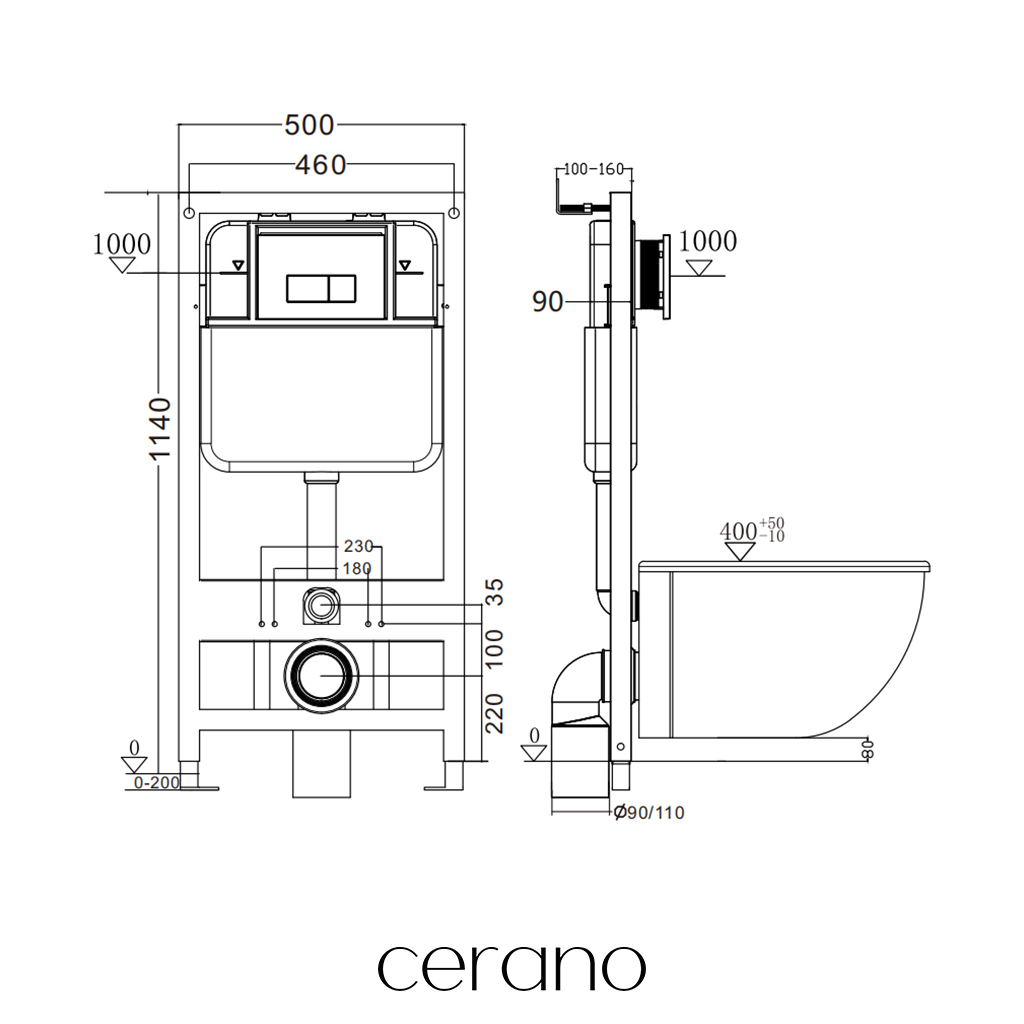 CERANO - Podomítkový WC set Cesso - bílá lesklá - tlačítko Prime/Modulo, stříbrné - závěsné - předstěnová instalace/sádrokarton - 49x36 cm