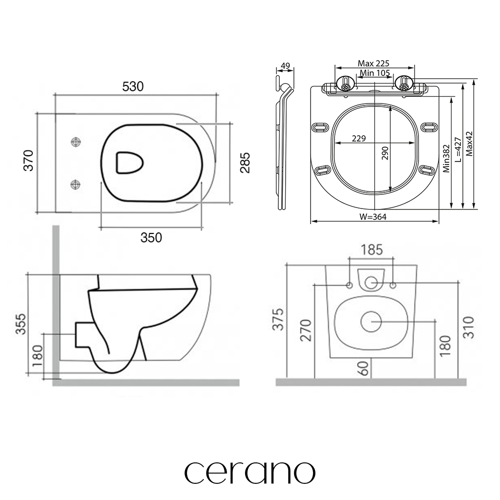 CERANO - Podomítkový WC set Felci - bílá lesklá - tlačítko Prime/Modulo, černé - závěsné - předstěnová instalace/sádrokarton - 53x37 cm
