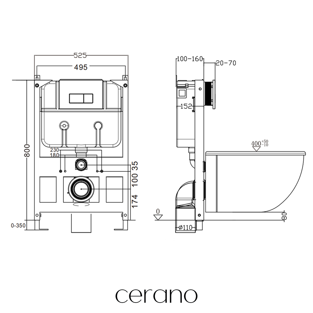 CERANO - Podomítkový WC set Forte - bílá lesklá - tlačítko Prime/Maxio, černé - závěsné - nízký modul - předstěnová instalace/sádrokarton - 51x36 cm