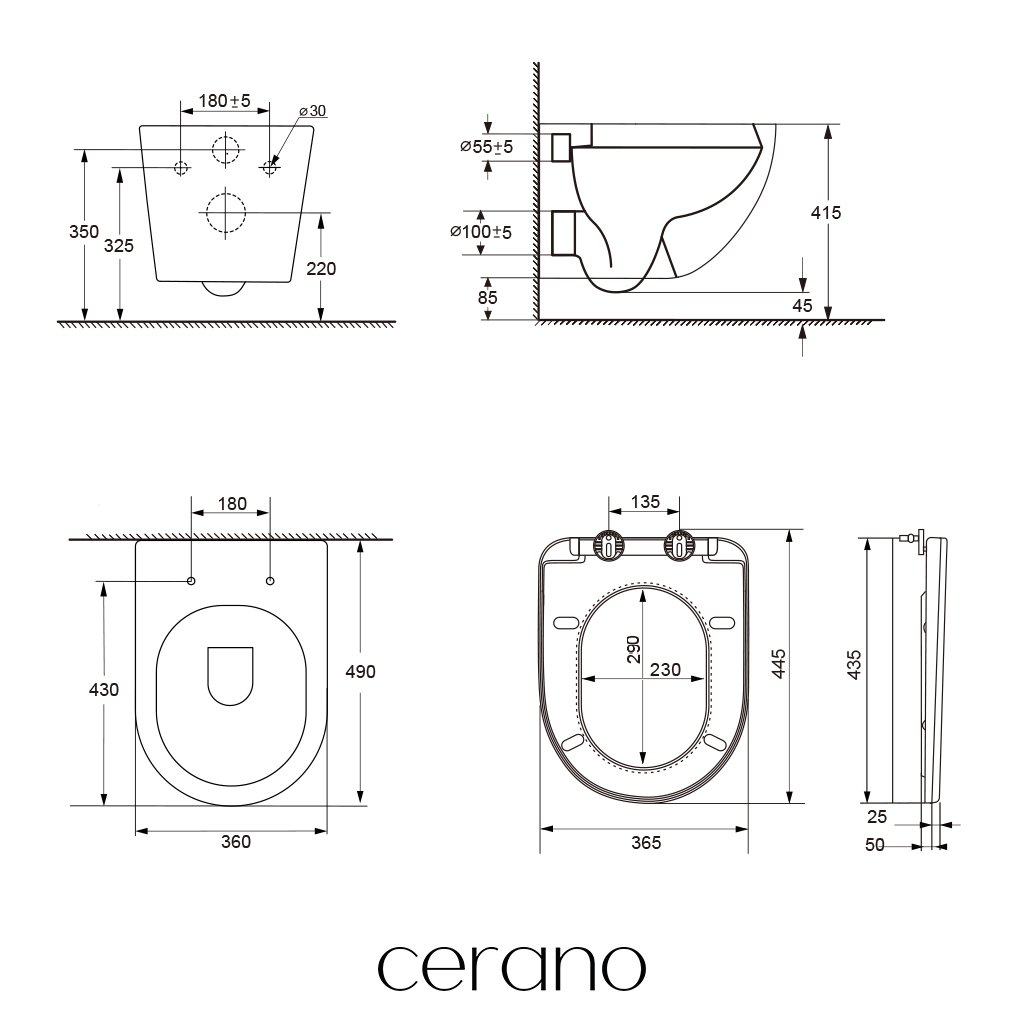 CERANO - Podomítkový WC set Cesso - bílá matná - tlačítko Prime/Modulo, černé - závěsné - nízký modul - předstěnová instalace/sádrokarton - 49x36 cm