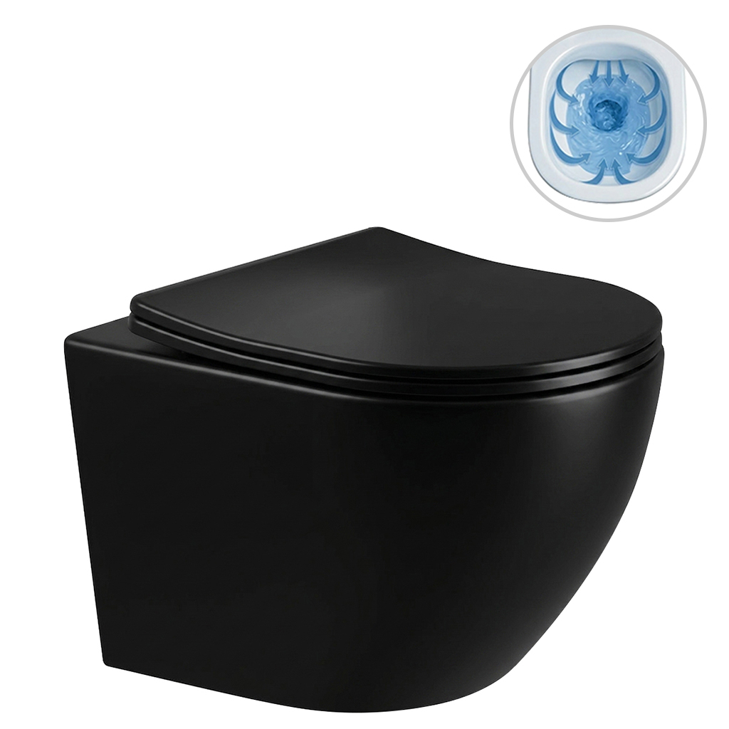 CERANO - Podomítkový WC set Cesso - černá lesklá- tlačítko Prime/Maxio, stříbrné - závěsné - předstěnová instalace/sádrokarton - 49x36 cm