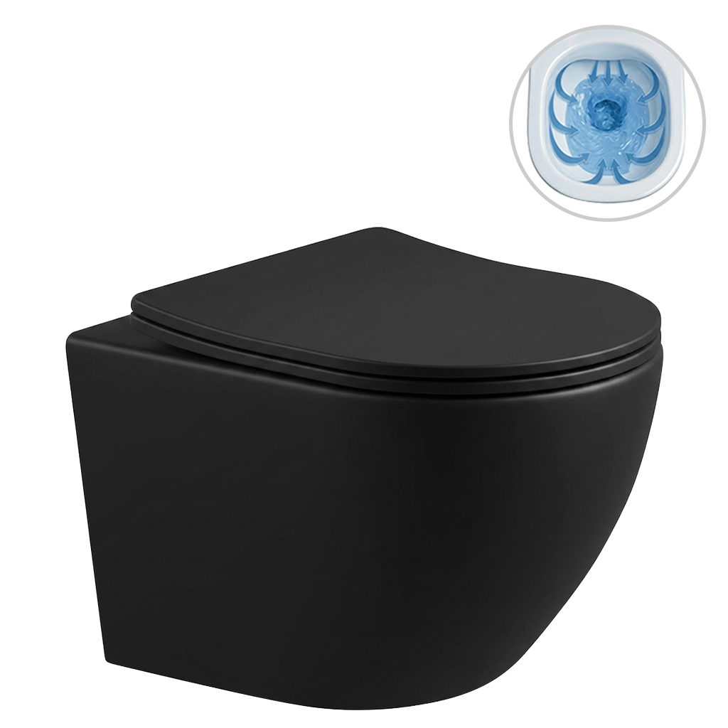 CERANO - Podomítkový WC set Cesso - černá matná - tlačítko Prime/Maxio, černé - závěsné - nízký modul - předstěnová instalace/sádrokarton - 49x36 cm