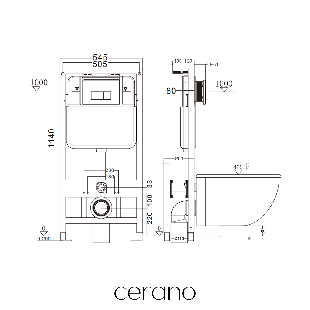 CERANO - Závěsné WC s bidetem Cronus Standard - bílá lesklá - tlačítko Prime/Maxio, stříbrné - volně stojící - předstěnová instalace/sádrokarton - 59,3x38,4 cm