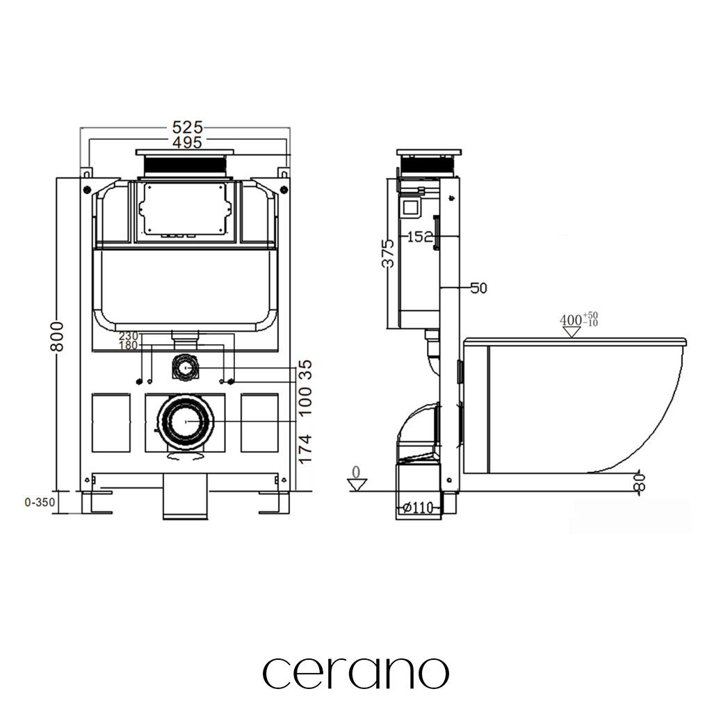 CERANO - Závěsné WC s bidetem Cronus Standard - bílá lesklá - tlačítko Prime/Modulo, černé - ovládání shora - předstěnová instalace/sádrokarton - 59,3x38,4 cm