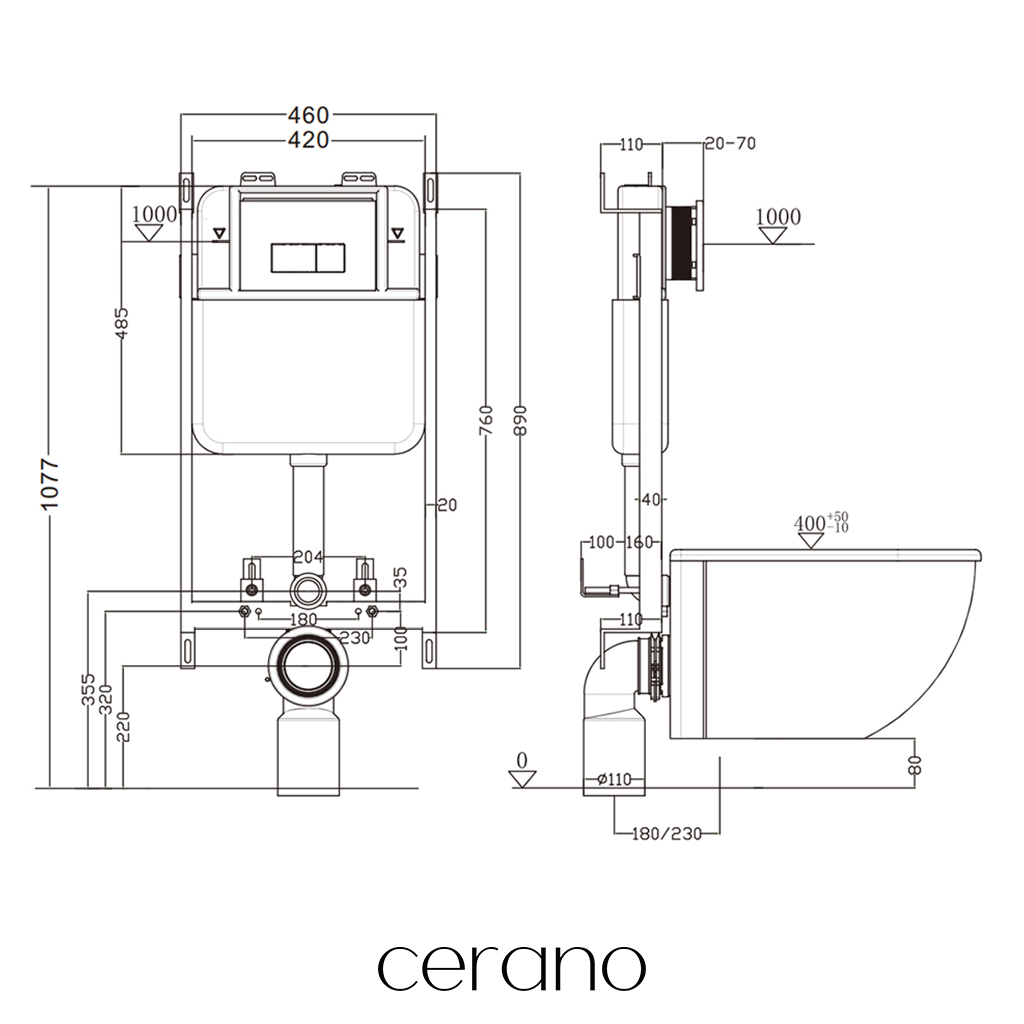 CERANO - Závěsné WC s bidetem Cronus Standard - bílá lesklá - tlačítko Prime/Modulo, černé - pro zazdění - 59,3x38,4 cm
