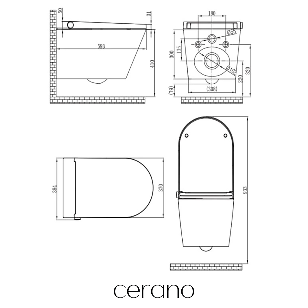 CERANO - Závěsné WC s bidetem Cronus Standard - bílá lesklá - tlačítko Prime/Modulo, stříbrné - pro zazdění - 59,3x38,4 cm