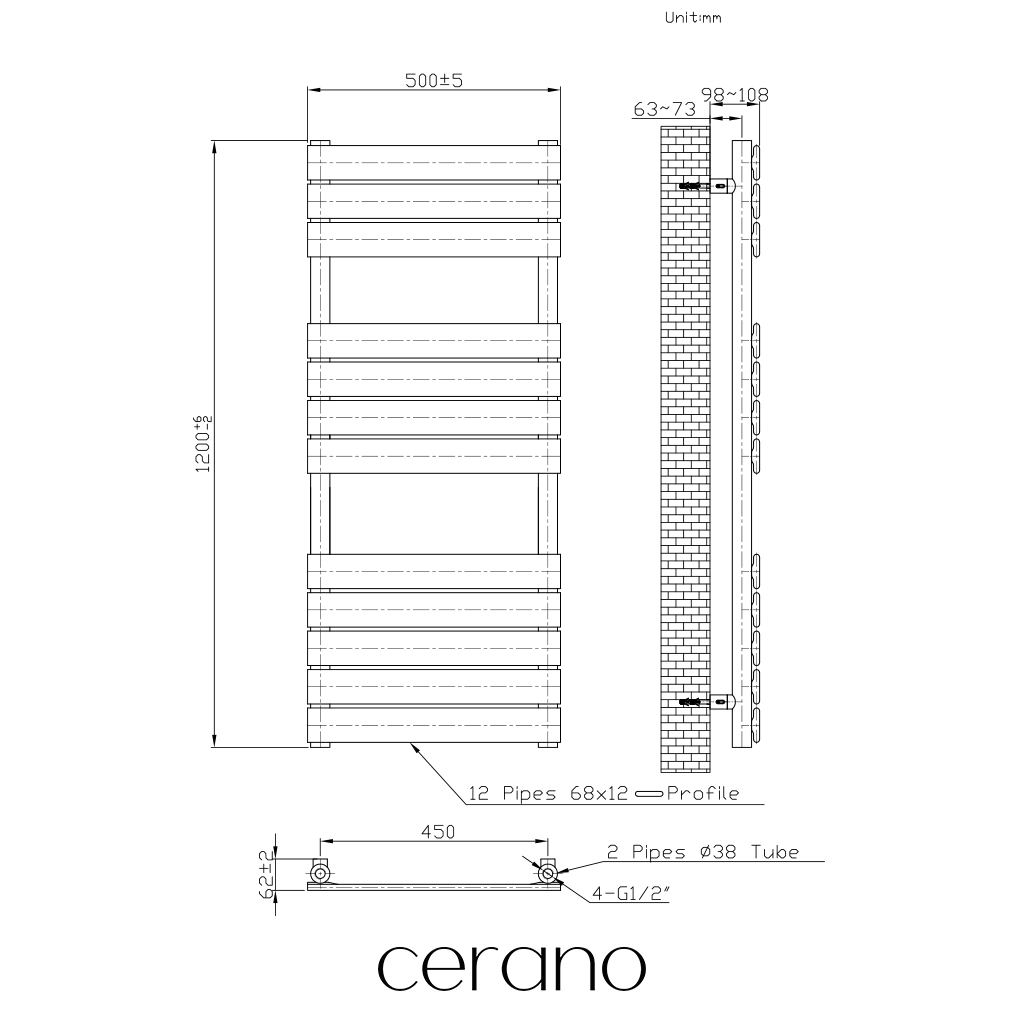 CERANO - Koupelnový radiátorový set Claude - kombinované vytápění, wifi tyč - boční jednobodové připojení - 300W - bílá matná - 1200x500 mm