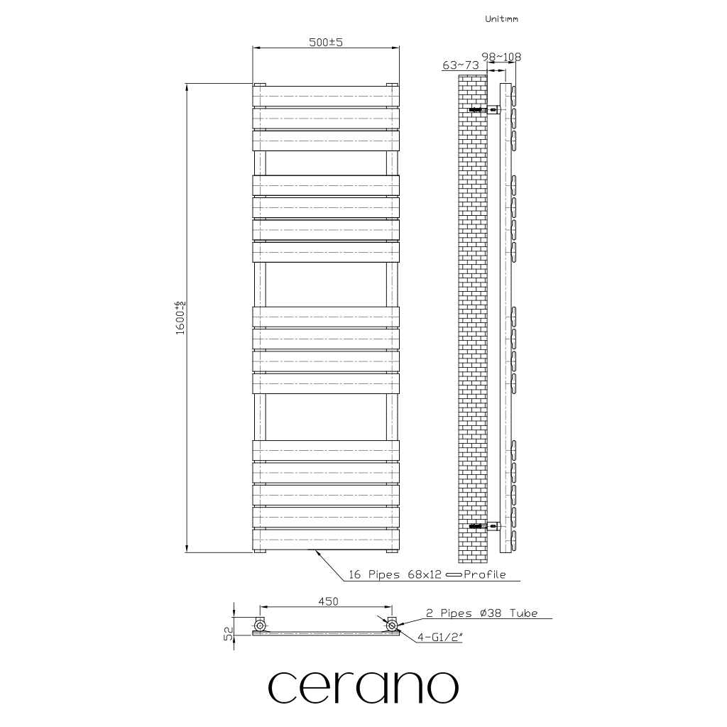 CERANO - Koupelnový radiátorový set Claude - kombinované vytápění, termo tyč - boční jednobodové připojení - 600W - bílá matná - 1600x500 mm