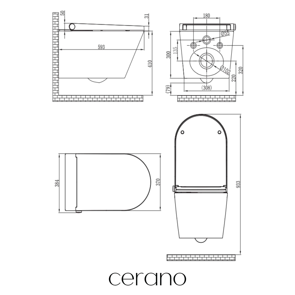 CERANO - WC závěsné s integrovaným elektronickým bidetem Cronus Standard, Vortex Rimless 180° + UF sedátko - bílá lesklá - 59,3x38,4 cm - ROZBALENO