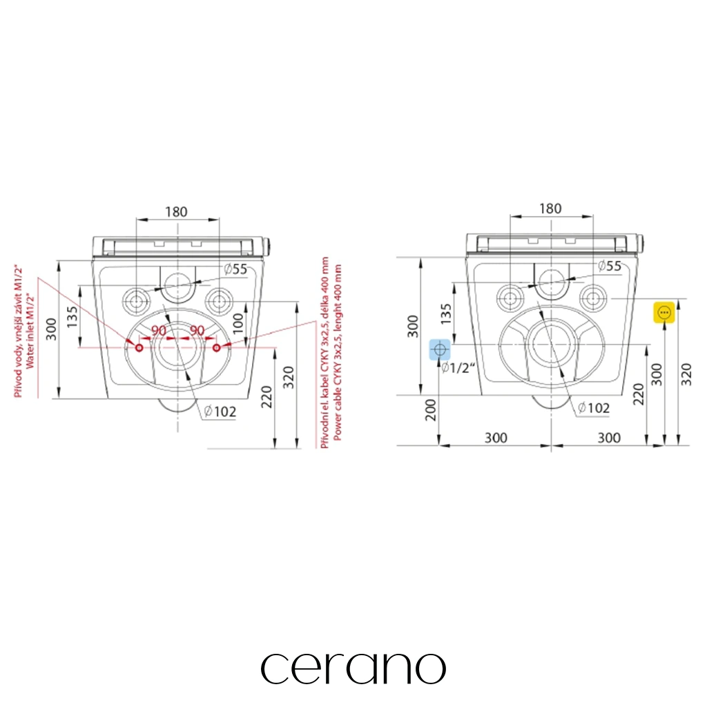 CERANO - WC závěsné s integrovaným elektronickým bidetem Cronus Standard, Vortex Rimless 180° + UF sedátko - bílá lesklá - 59,3x38,4 cm - ROZBALENO