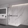 CERANO - Sprchová zástěna Walk-in Onyx L-levá vzpěra - 10 mm + polička/držák na ručníky - černá matná, transparentní sklo - 150x200 cm