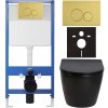 CERANO - Kompletní podomítkový WC set Lite/Verde - černá lesklá - WC tlačítko Duo, zlatá - předstěnová instalace - 49x36 cm