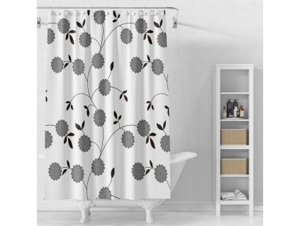 330735 sprchovy zaves 180x180cm vinyl bila cerne kytky