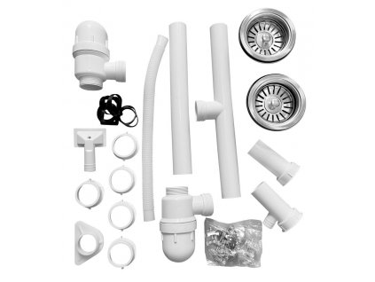 Drezový sifón s prepadom, vrátane 2 piliet, podložka batérie - pre dvojdrezy