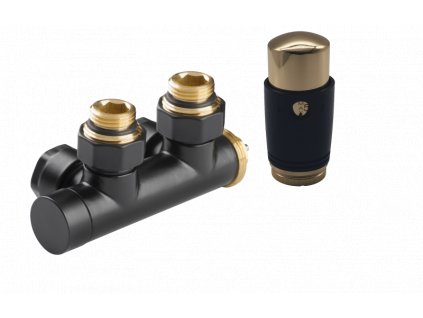 393837 cerano pripojovaci sada radiatoroveho ventilu s termostatickou hlavici stredove pripojeni 50mm cerna matna zlata leskla
