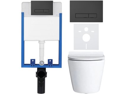 CERANO - Kompletný podomietkový WC set Lite/Norbi - biela lesklá - WC tlačidlo Slim, čierne matné - na zamurovanie - 48,5x36,5 cm