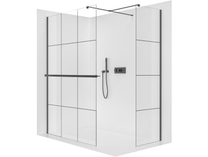 CERANO - Sprchová zástena Walk-in Onyx TL/P - 8 mm - hranatá vzpera + polička/držiak na uteráky - čierna matná, industriálne sklo - 130x120x200 cm