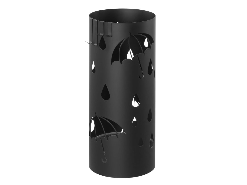 Stojan na deštníky TORBA, černý kovový s motivem deštníků a kapek, elegantní a praktický.