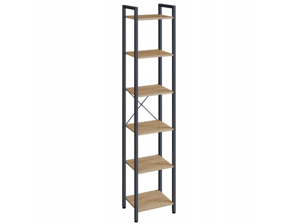 Regál TAYLOR SONOMA – 6 polic, výška 187 cm, moderní design s černým kovem a dekorem dub sonoma.