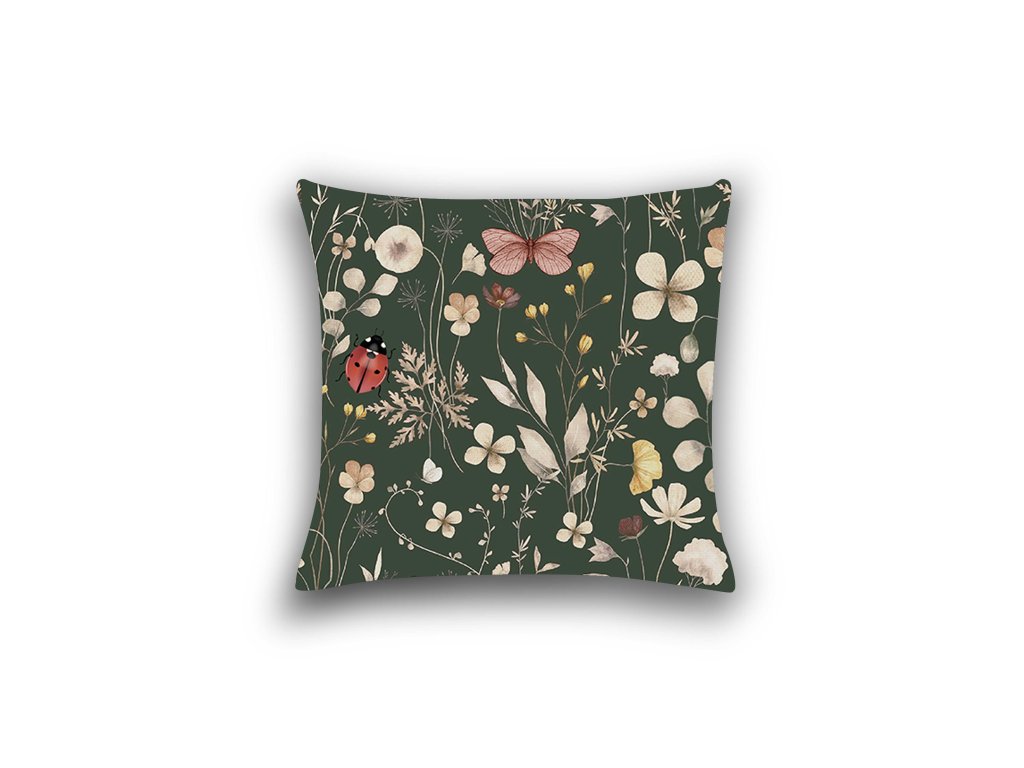 Povlak na polštář COLORFUL MEADOW tmavě zelený s jemným květinovým vzorem