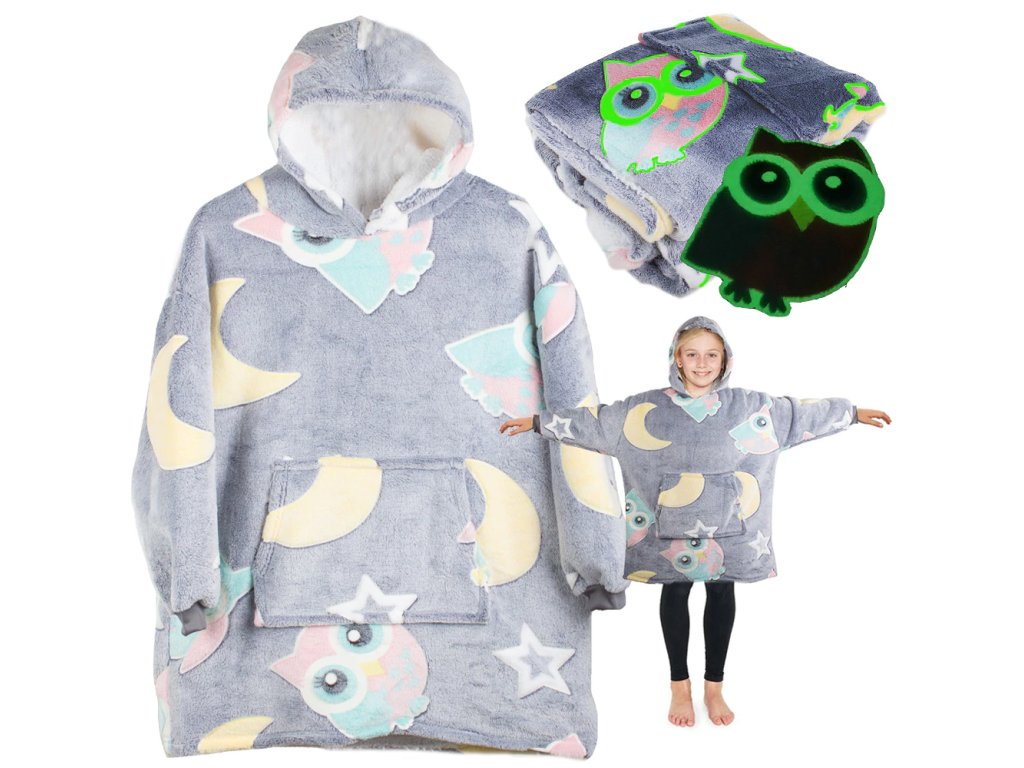 Dětská svítící mikinová deka s rukávy a kapucí SHINING OWL pro maximální pohodlí