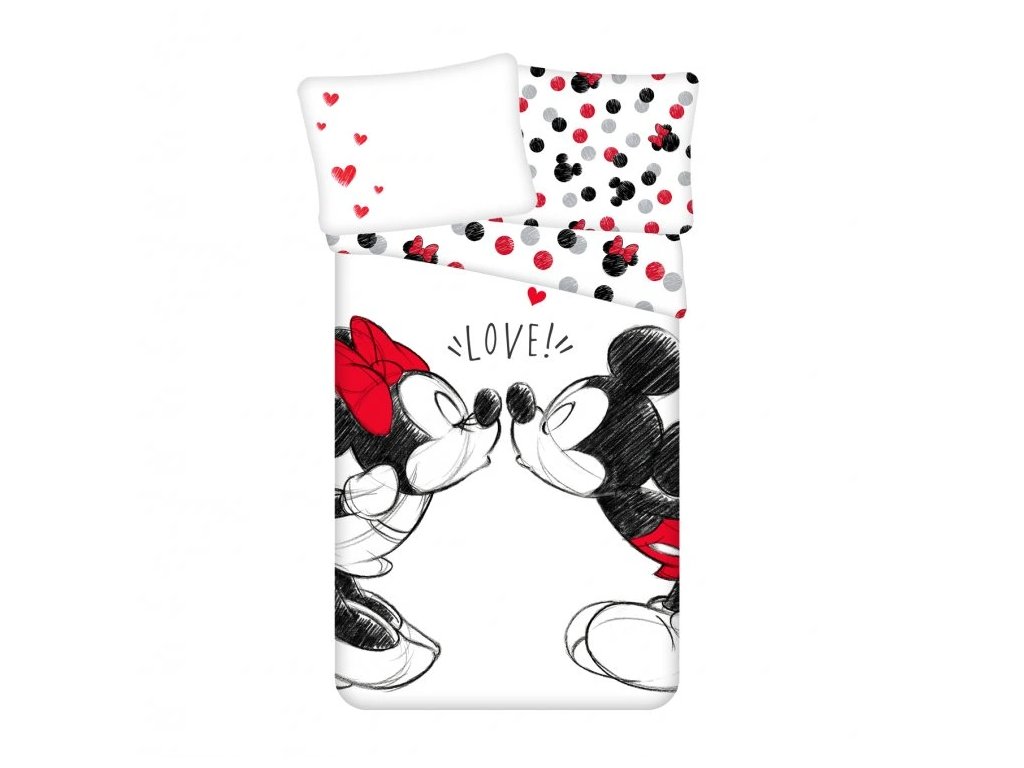 Dětské povlečení MICKEY & MINNIE KISS bílé s romantickým motivem