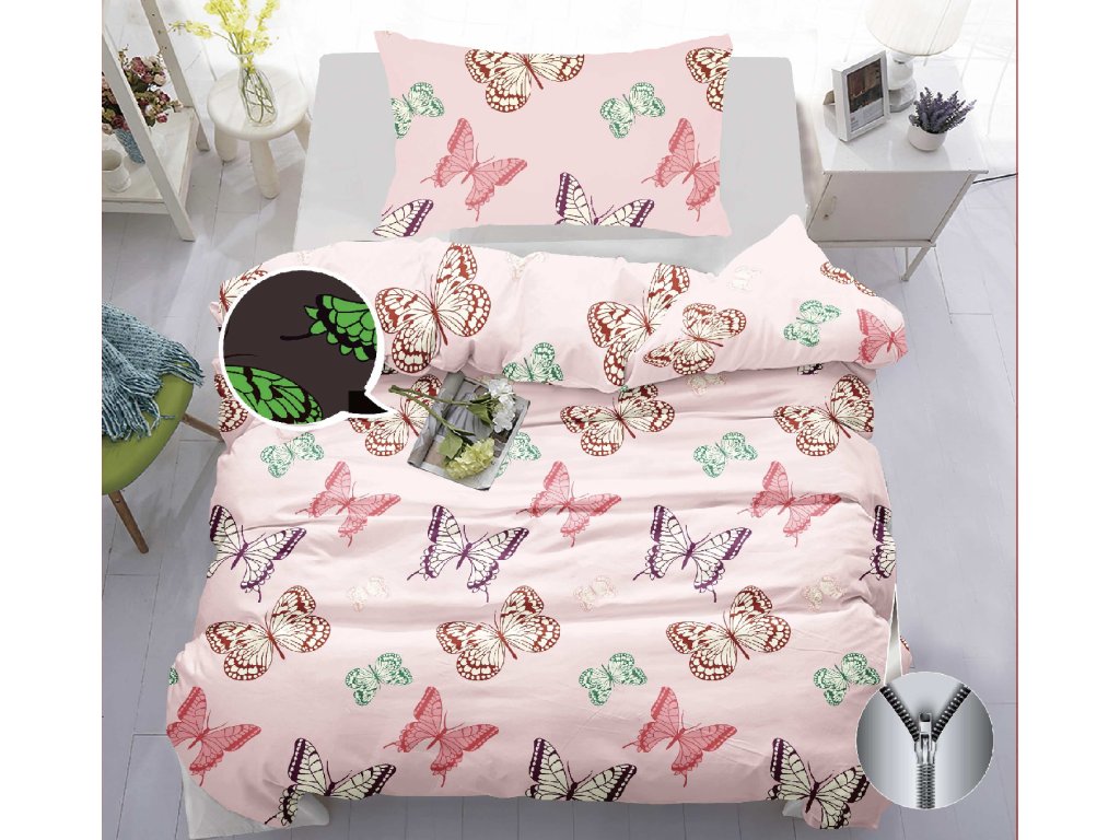 Růžové povlečení BUTTERFLY – bavlněné s motivem svítících motýlů