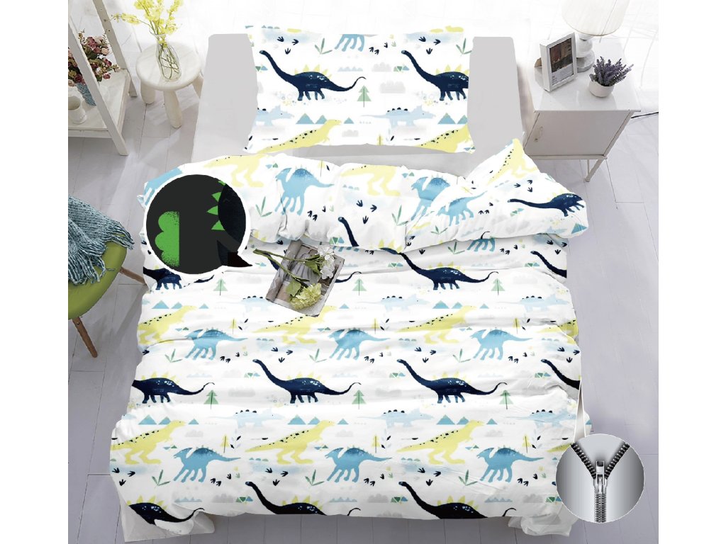 Bavlněné povlečení DINO bílé s motivem dinosaurů, které svítí