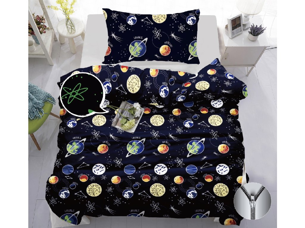 Svítící bavlněné povlečení PLANETS tmavě modré s vesmírným motivem