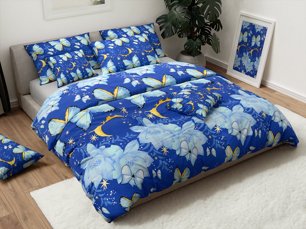 Bavlněné povlečení BLUE BUTTERFLY tmavě modré s motýly