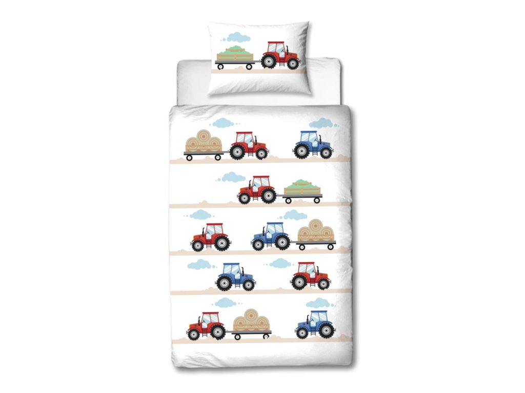 Dětské flanelové povlečení TRACTOR bílé s motivem traktorů