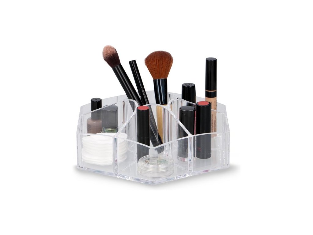 Transparentní organizér na kosmetiku DELUXA ø 23 cm – 7 přihrádek, pyramidový design, ideální pro make-up a kosmetické pomůcky.